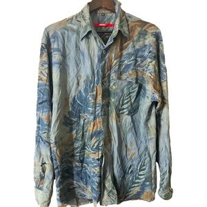 Signum Men’s Blue Brown Leaf Pattern Nature Inspire Print Shirt German Sz M